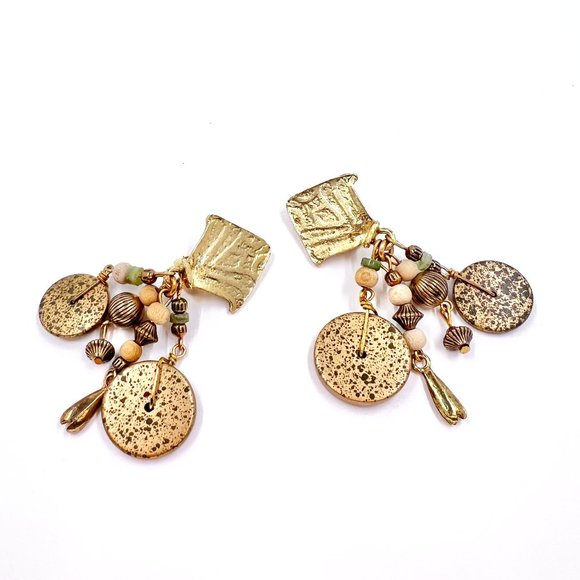 NWOT - Artisan BOHO Gold Tone Textured Dangle Clip-On Earrings - Picture 1 of 7